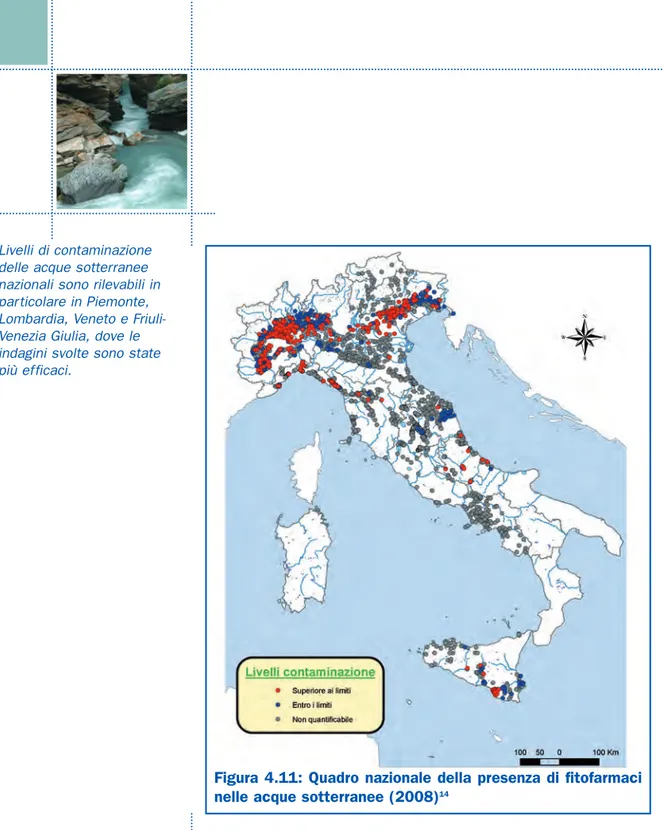 Figura 4.11: Quadro nazionale della presenza di fitofarmaci nelle acque sotterranee (2008) 14