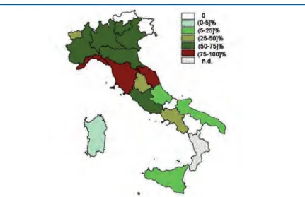 Figura 5.4: Percentuale di popolazione residente in comuni che hanno approvato la classificazione acustica sul totale della  popo-lazione di ogni regione/provincia autonoma (31/12/2009) 12