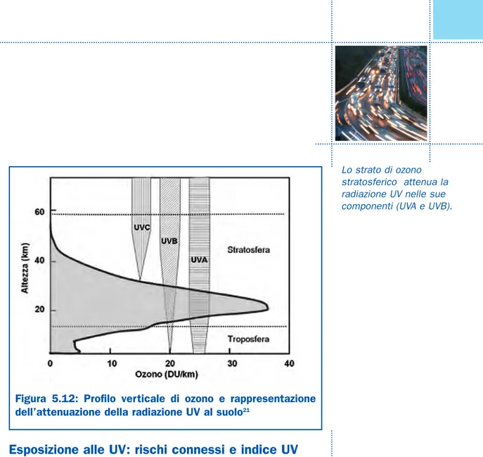 Figura 5.12: Profilo verticale di ozono e rappresentazione dell’attenuazione della radiazione UV al suolo 21
