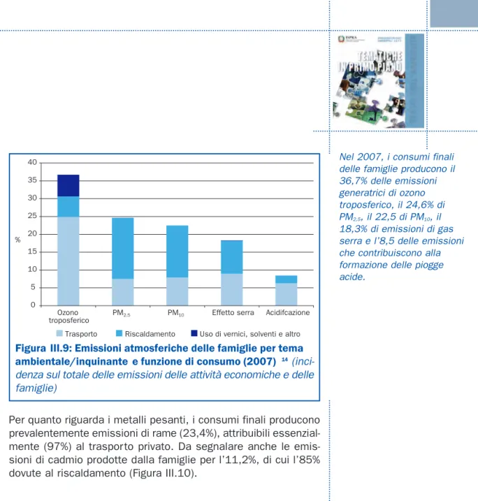 Figura III.9: Emissioni atmosferiche delle famiglie per tema ambientale/inquinante  e funzione di consumo (2007) 14 