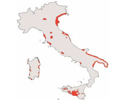Figura 8.5: Distribuzione dei suoli salini in Italia (aree rosse) 6