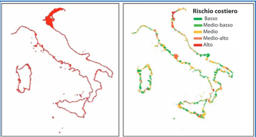 Figura 9.5: Area di RICE in Italia e mappa del rischio costiero, articolato per comune 13