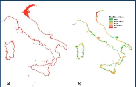 Figura 5.9: a) Area di RICE in Italia e b) Mappa del rischio costiero, articolato per comune 10