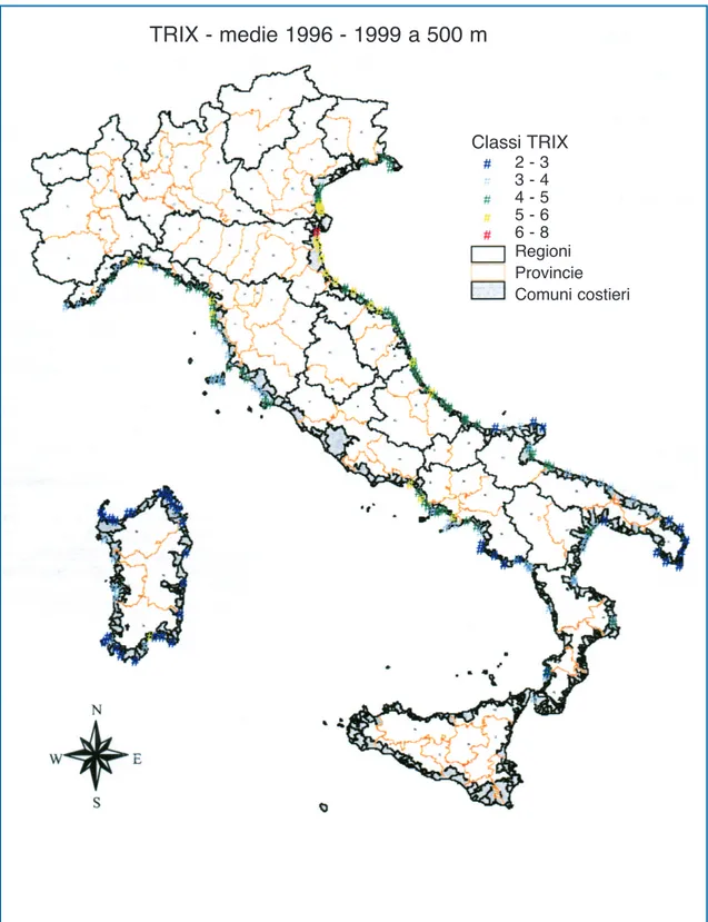 Figura 4.1: Classi dell’indice di stato trofico (TRIX) nelle stazioni di monitoraggio a 500 m dalla costa TRIX - medie 1996 - 1999 a 500 m Classi TRIX2 - 33 - 44 - 55 - 66 - 8 Regioni Provincie Comuni costieri