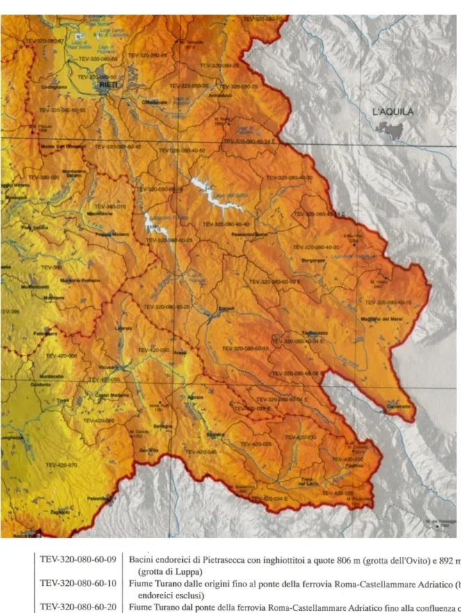Figura 13 - Bacino imbrifero delle Valli del Turano e del Salto e confini dei Comuni interessati  alla sicurezza idraulica caratterizzata dai 2 laghi artificiali (Autorità del Bacino del Fiume Tevere)   