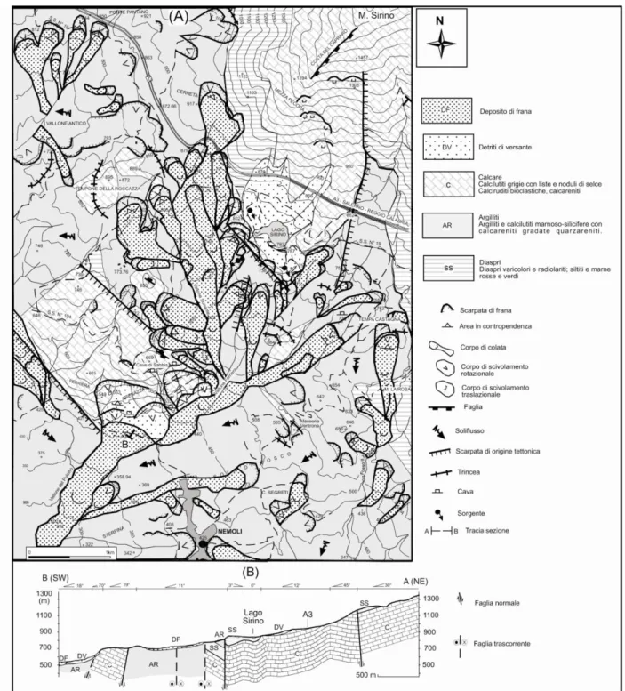 Fig. 3 – Carta e sezione geomorfologica dell’area del lago Sirino 
