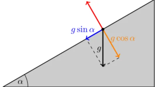Figura 6: Un corpo che cade lungo un piano inclinato: il vettore g ` e scomposto nella sua componente lungo il piano e nella componente ad esso perpendicolare.