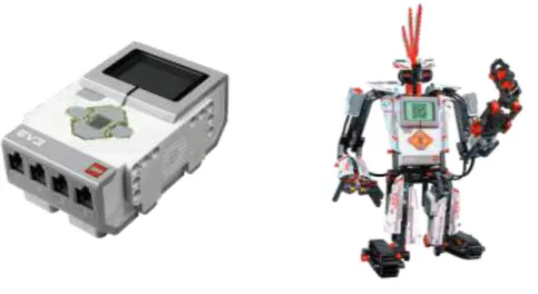 Figura 3 - Mattoncino intelligente di LEGO Mindstorms EV3 e esempio di robot costruito con il kit 19