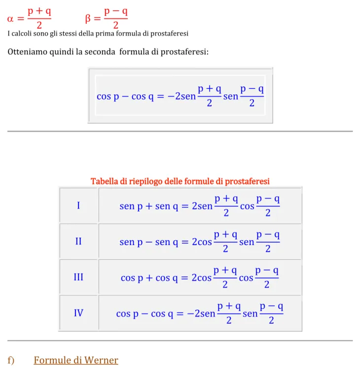 Tabella di riepilogo delle formule di prostaferesi