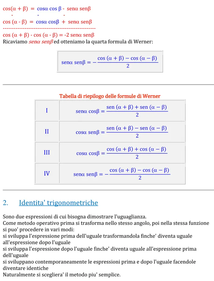 Tabella di riepilogo delle formule di Werner