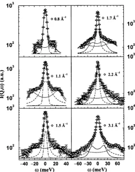 Figura 4.3: Spettri a Q costante da Ni a 1763K misurati su INI (ILL,Grenoble) [41]. I simboli rappresentano il dato sperimentale, e le linee le funzioni del modello usato per analizzare i dati