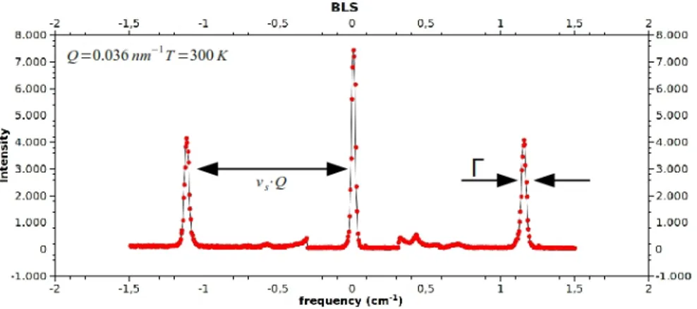 Figure 1.7: BLS measure, from this graph it is possible to evaluate the sound velocity and the sound attenuation Γ
