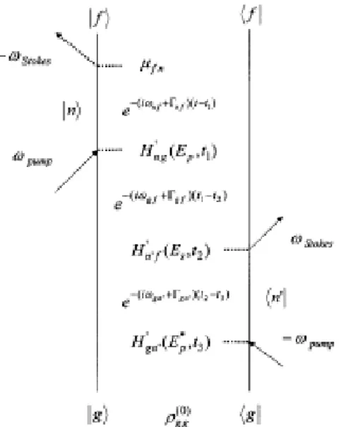 Figura 5. Diagramma di Feynman per la matrice densità al terzo ordine. Le freccie rap- rap-presentano l'interazione tra la radiazione e la materia espressa dall'hamiltoniana H ′ 