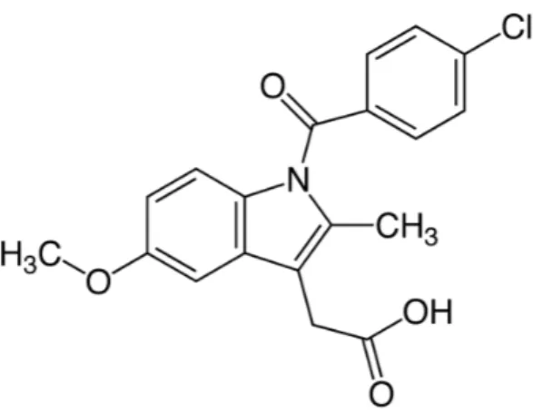 Figura 1.4: Indometacina, C 19 H 16 ClN O 4 (1-(p-chlorobenzoyl)-5-metoxy-2-methylindole-3-acetic acid, mas-