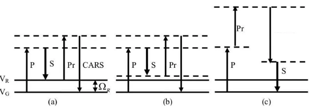 Figure 4: Three types of transitions contributing to observed the CARS signal. (a) The resonant transition