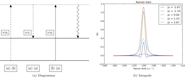 Figura 2.3: Diagramma con risposta per differenti intervalli temporali tra Raman e Stokes (In legenda il tempo `e in picosecondi).