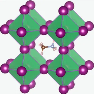Figura 2.4. Struttura della perovskite MAPbI 3 : metilammonio al centro della struttura, piombo al centro dell’ottaedro formato da atomi di iodio.