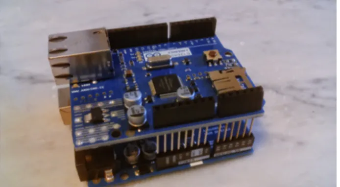 Figure sei.2 An Arduino board with an Ethernet shield mounted on it.