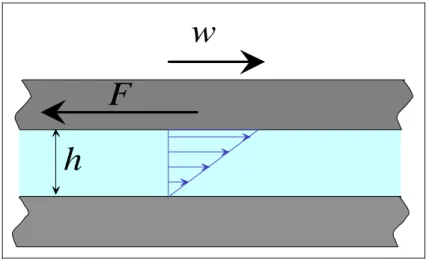 Figura 1: Azioni esercitate da un fluido tra due superfici in moto relativo. 