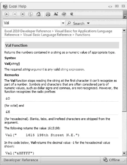 Fig. 1.8. The Excel Help window with information on the Val function 