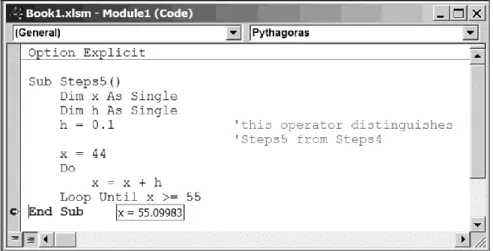 Fig. 1.9. The code window with the Steps5   program and with the final value of x 