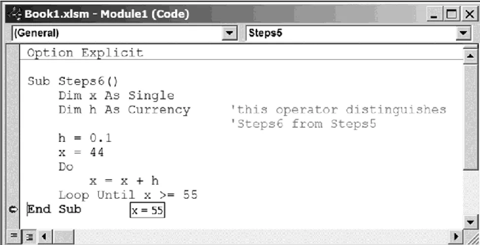 Fig. 1.10. The code window with the Steps6   program and with the final value of x 