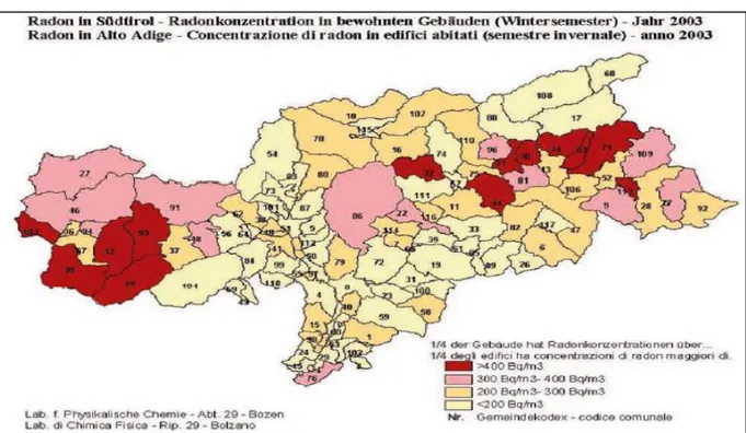 Figura 1.1. Mappa del radon per la Provincia Autonoma di Bolzano - Alto Adige (Fonte: Agenzia provinciale per 
