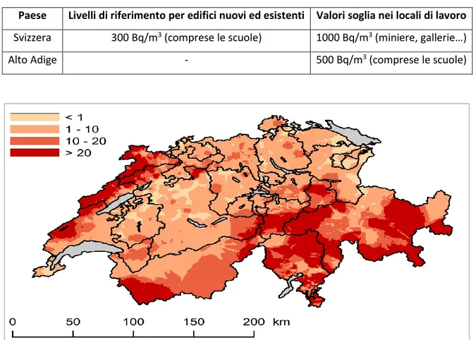 Tabella 1.7. Confronto tra i valori ammissibili di radon per la Svizzera e l’Alto Adige 
