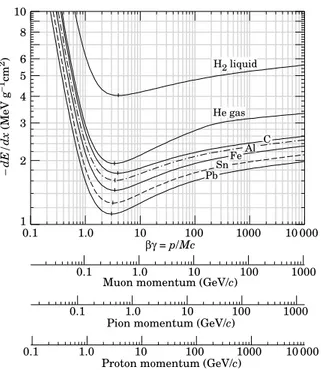 Figure 1.35: (dE/dx) ion in diversi materiali in funzione di βγ per particelle di carica