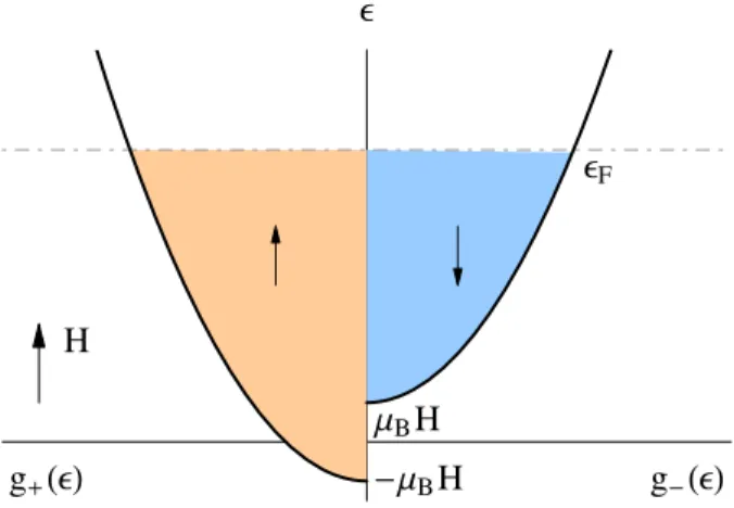 Figura 2.1: Schema della densità di stati per un gas di elettroni liberi ed indipendenti, ripartita per le due popolazioni di spin, sotto l’azione di un campo magnetico.