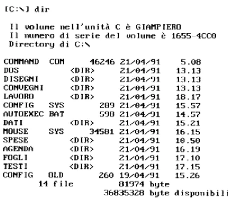 Fig. Elenco di file e cartelle in un sistema gestito mediante il DOS. 