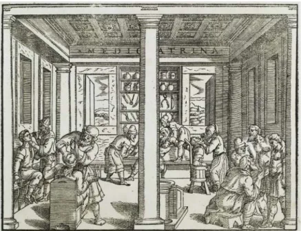 Figura 3.  Immagine tratta dal libro Hippocratis opera quae extant che raffigura una medicheria
