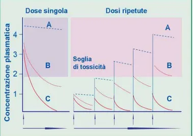 Figura 5  - Andamento nel tempo della concentrazione plasmatica delle sostanze dopo trattamento  singolo o ripetuto: (A) eliminazione lenta; (B) eliminazione intermedia; (C) eliminazione veloce