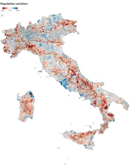 Figure 1. Population variation by municipalities – Map created with Flourish based on  Istat data