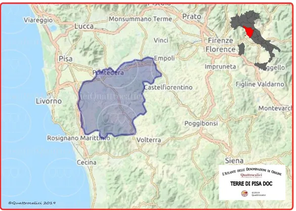 Figura 3. Cartina geografica rappresentante il territorio della DOC Terre di Pisa. 