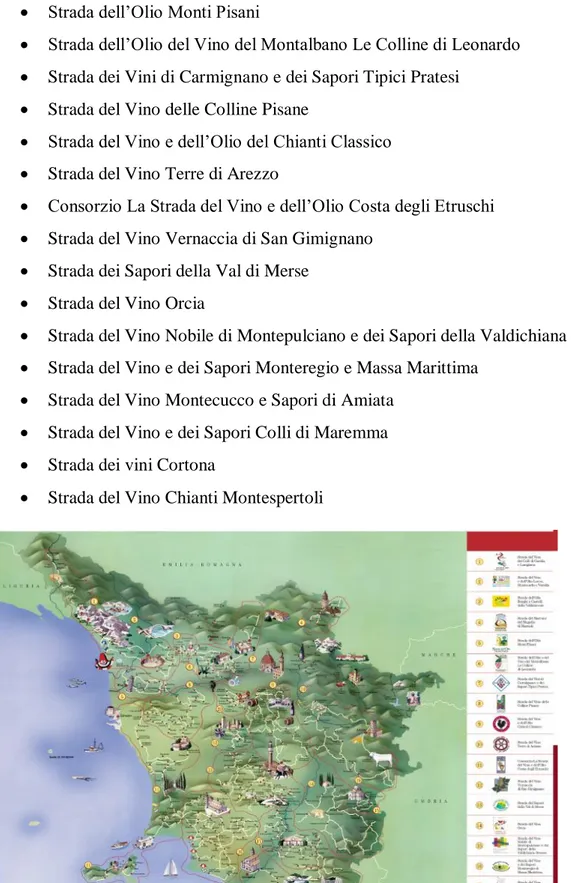 Figura 2. Mappa delle Strade del Vino dell'Olio e dei Sapori di Toscana. A fianco si possono vedere tutti i loghi delle associazioni