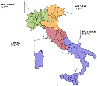 Figura 1- Geografia degli ATO ad oggi (Fonte: Nona Relazione  sull’avanzamento del processo di riordino degli assetti locali del  servizio idrico integrato - ARERA)