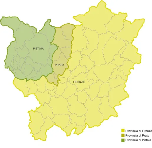 Fig. 2. Il territorio delle tre province toscane.   Fonte: elaborazione propria da www.aliaspa.it 