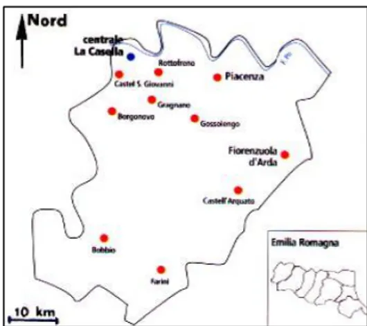 Figura  2:  L'impianto  di  La  Casella  e  il  territorio  circostante  (da  Dichiarazione  ambientale  2017  Centrale Enel La Casella)
