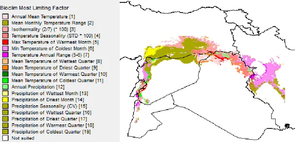 Figure 6. GIS image obtained through DIVA-GIS. False colours were generated to  represent the BioClim most limiting factors throughout the Fertile Crescent