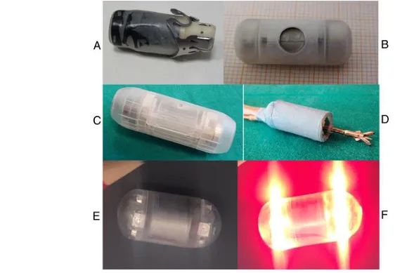 Figure 14 – a) Therapeutic wireless endoscopic capsule with an endoscopic clip for treating bleeding in the GI tract  produced by Valdastri et al.; b) Magnetic-driven biopsy capsule produced by Simi et al.; c) Therapeutic capsule for  bioadhesive patch rel