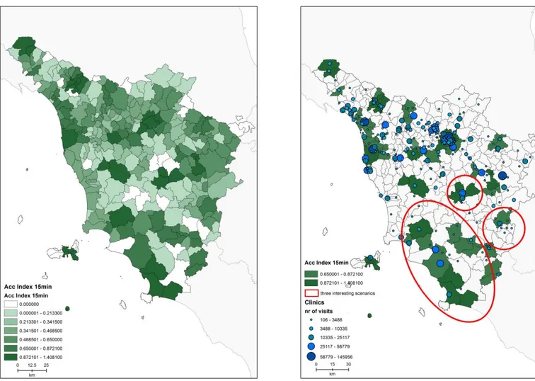 Figure 2.4 Potential spatial accessibility index within 15 minutes   Figure 2.5 Areas with a potential spatial accessibility index &gt;= .65 