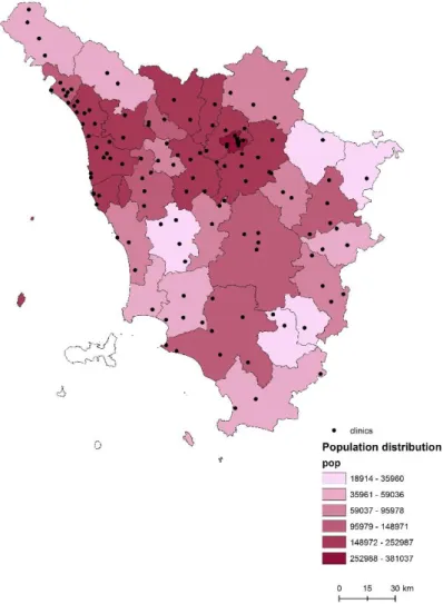 Figure  3.1  Distribution  of  population  and  public  providers  (outpatient  clinics)  by  health districts in Tuscany