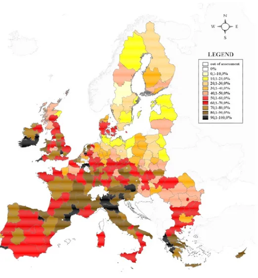 Fig. 8. For each European region, percentage of samples from agricultural land that were  found to have any heavy metal concentration above the threshold value