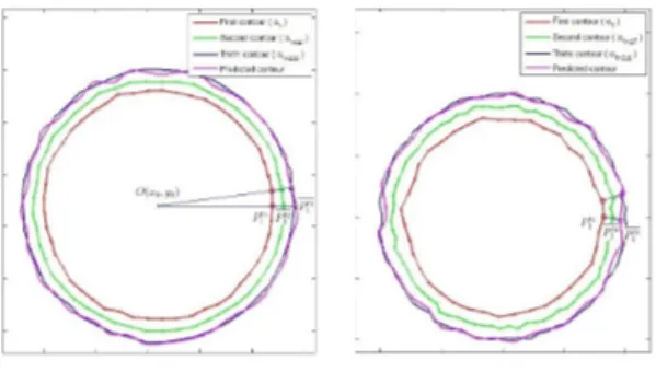 Figure 4 – Simulated tumor boundary and geometrical prediction methods: radius