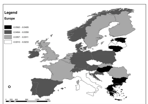 Figure 3 – Map of the site-specific convergence parameters, β i , for the 28 European countries.