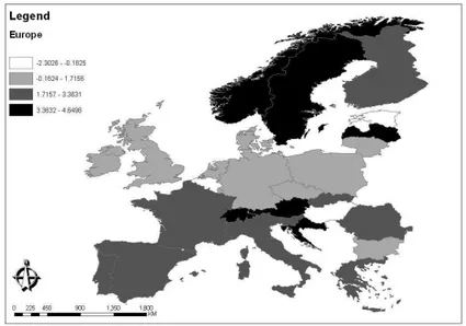 Figure 1 – Quantile maps of the 28 European countries: spatial distribution of ln ˜ y(s i ,1995).