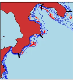 Figure 1 – Map of the study region divided into three sub-areas with bathyal curves and haul locations (P