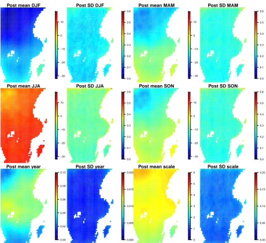 Figure 9 – Posterior means and standard deviations of the spatially varying parameters in the hi-