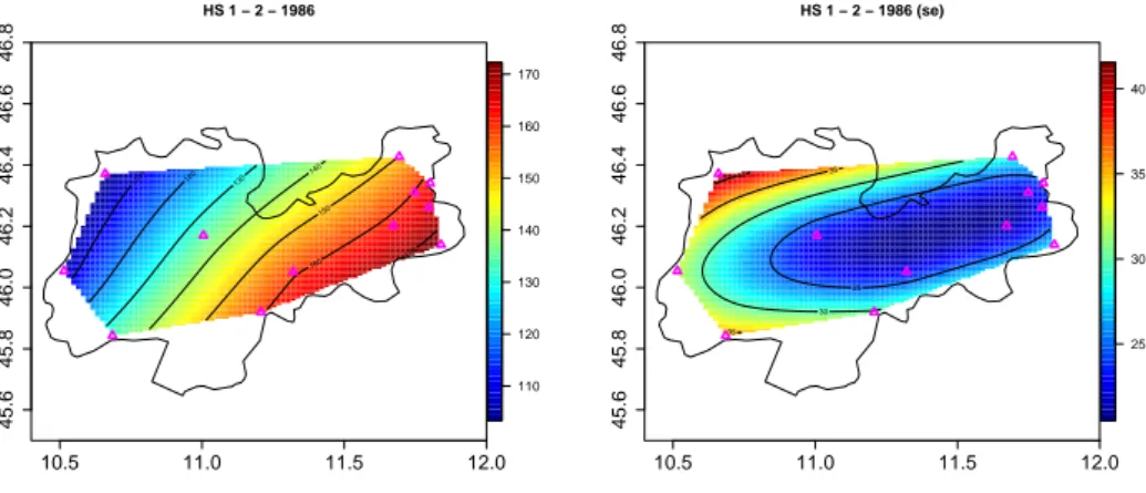 Figure 10 – Kriging estimates of the level of snow depth on February 1, 1986 (left) and their stan- stan-dard deviations (right)